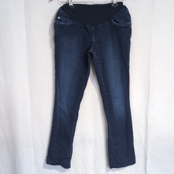 Indigo Blue Dark Wash Straight Leg Maternity Jeans Hemmed to 28" Inseam Size Lg - Picture 1 of 7